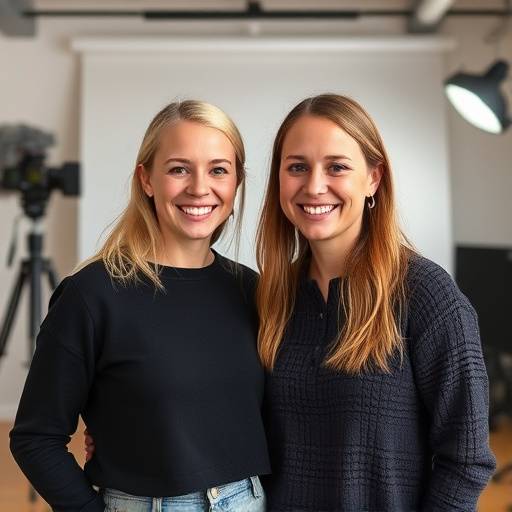 De twee oprichters van Fotografie Studio De Zon, Elara en Finn, glimlachend in de studio