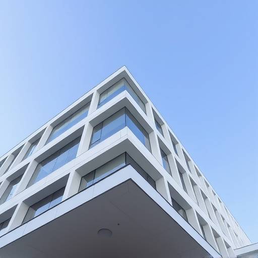 Een architectonisch detail van een modern gebouw, gefotografeerd met een laag camerastandpunt en strakke lijnen.