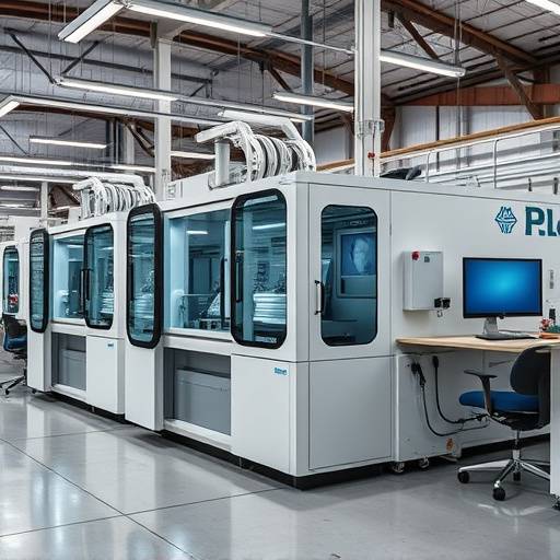 Een beeld van hoogwaardige kantoormachines in een industri&euml;le setting, met nadruk op detail en techniek.