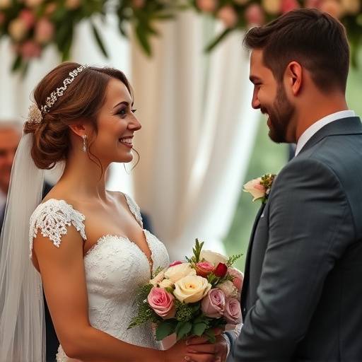 Een bruidspaar dat elkaar lachend aankijkt tijdens de ceremonie
