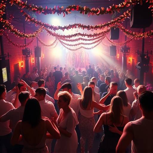 Een feestelijke sfeer tijdens een evenement, met mensen die dansen