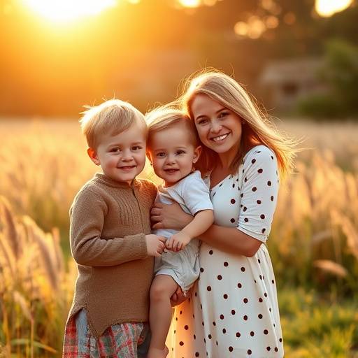 Een gezin met twee kinderen genietend van een buitenopname tijdens de gouden uur, met warme, zachte belichting.