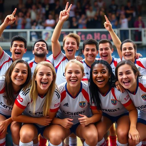 Een groepsfoto van een sportteam met enthousiaste gezichten