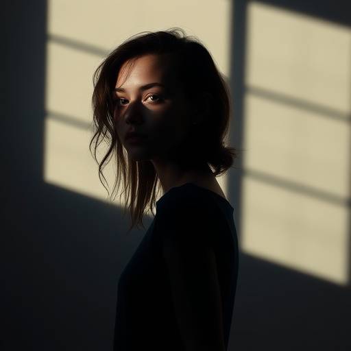 Een jonge vrouw met een artistieke look, gefotografeerd met dramatische schaduwen en een moderne, minimalistische achtergrond.