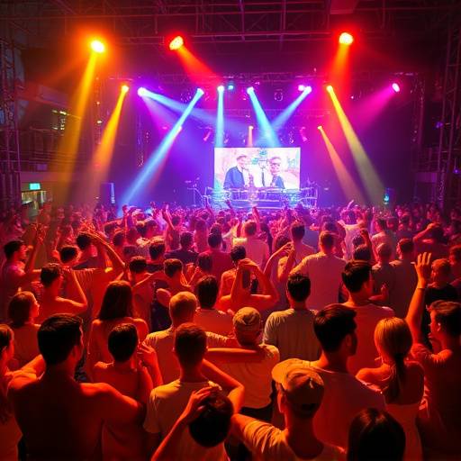 Een levendige menigte die danst op een muziekfestival, vastgelegd met dynamische beweging en kleurrijke lichten.