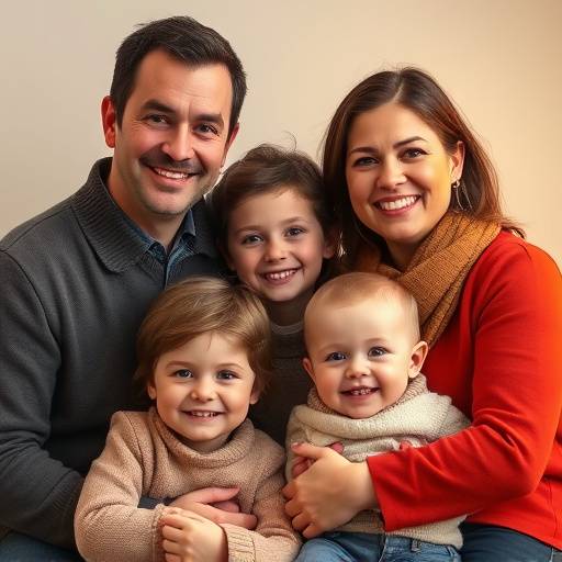 Een professioneel portret van een familie in warme kleuren