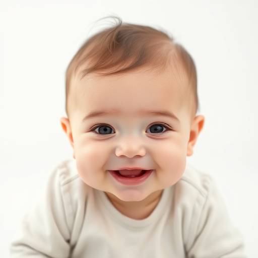 Een schattige baby die lachend in de camera kijkt tijdens een studioshoot
