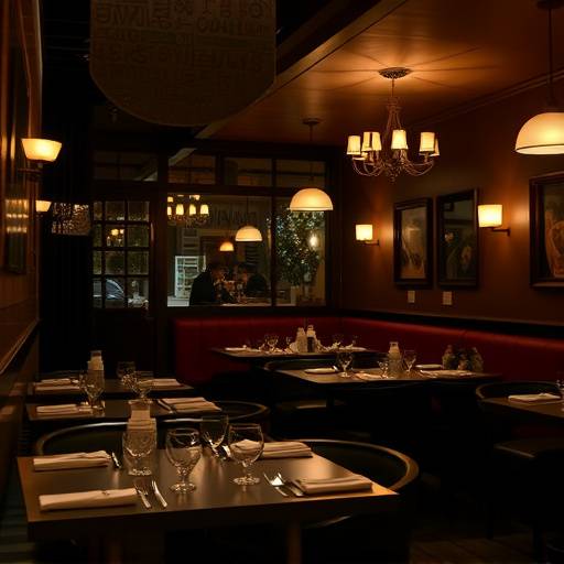 Een sfeervol gefotografeerd interieur van een restaurant met gedimde verlichting en gedekte tafels.