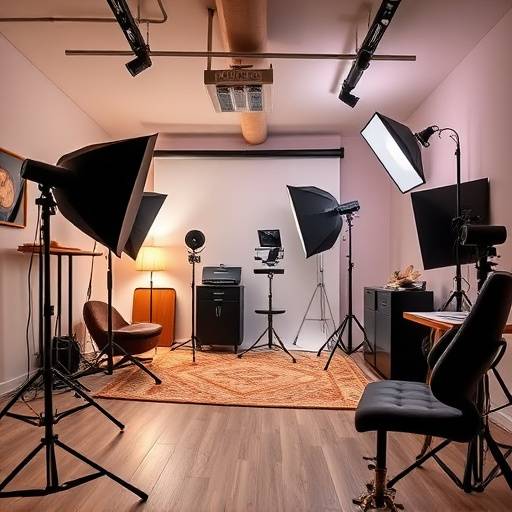 Een sfeervolle foto van de studio van Fotografie Studio De Zon met professionele apparatuur en een warme inrichting.