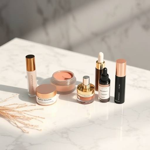 Een stillevenshot van luxe cosmetische producten op een marmeren ondergrond, met zachte, professionele belichting.