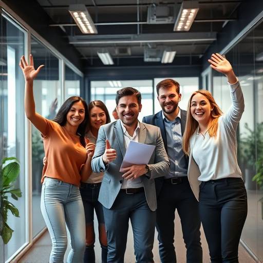 Een team van enthousiaste medewerkers die samenwerken in een moderne kantoorruimte, met dynamische compositie.