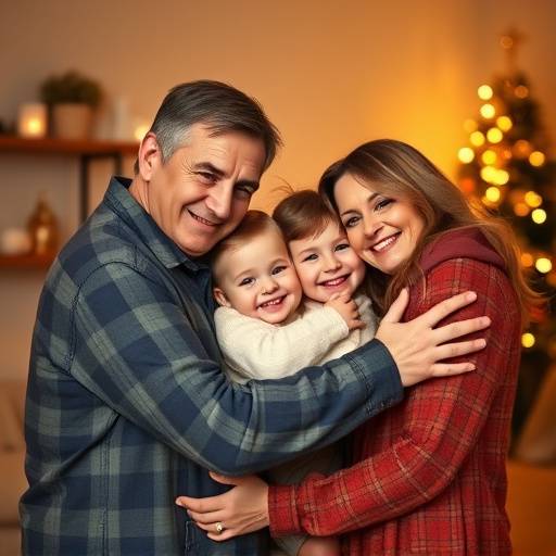 Een warme familiefoto, met ouders en kinderen die elkaar omhelzen
