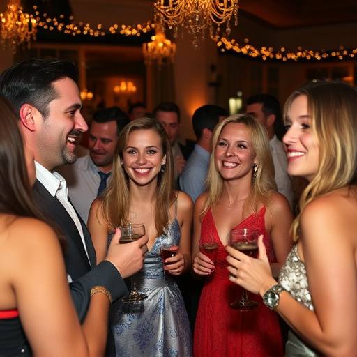 Gasten genieten van een feestelijke viering, met lachende gezichten en interactie, vastgelegd met warme, uitnodigende sfeer.