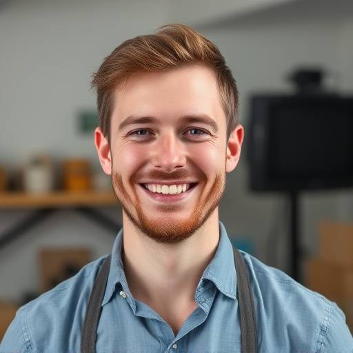 Portret van Lucas Jansen, studio manager bij Fotografie Studio De Zon, met een vriendelijke en georganiseerde uitstraling.